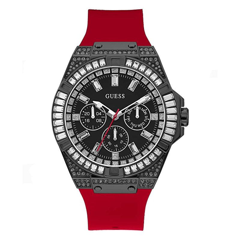 Guess Mainline Multifunction Crystals Black Dial Red Silicone Strap Watch For Men - GW0208G6