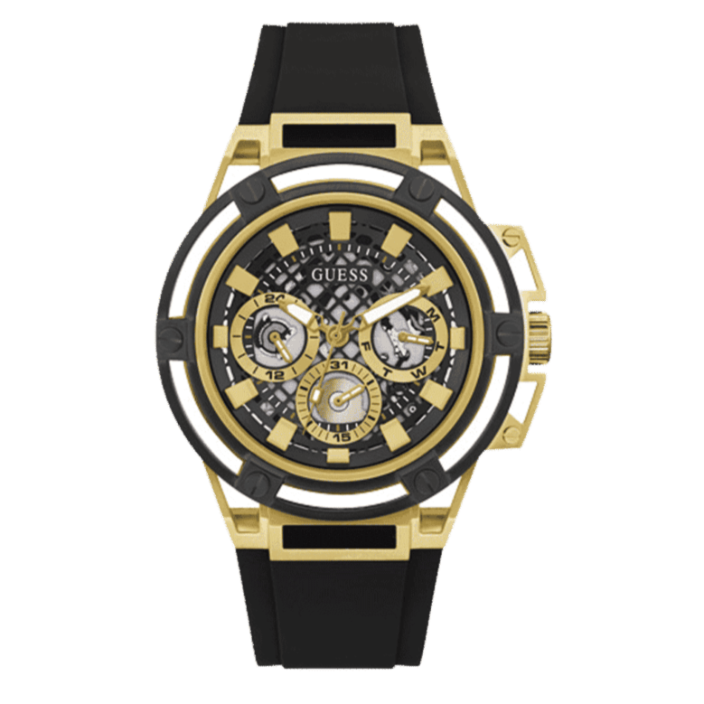 Guess Matrix Multifunction Gold Dial Black Rubber Strap Watch For Men - GW0423G2