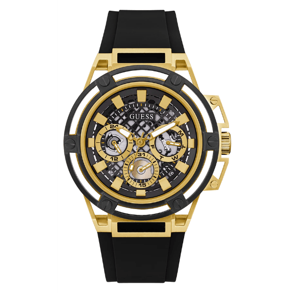Guess Matrix Multifunction Gold Dial Black Rubber Strap Watch For Men - GW0423G2