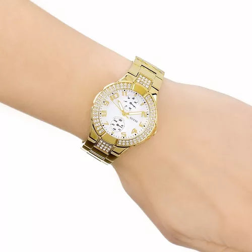 Guess Mini Prism Diamonds White Dial Gold Steel Strap Watch for Women - W15072L1