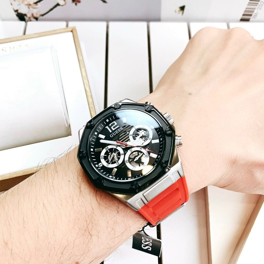Guess Momentum Black Dial Red Rubber Strap Watch for Men - GW0263G3
