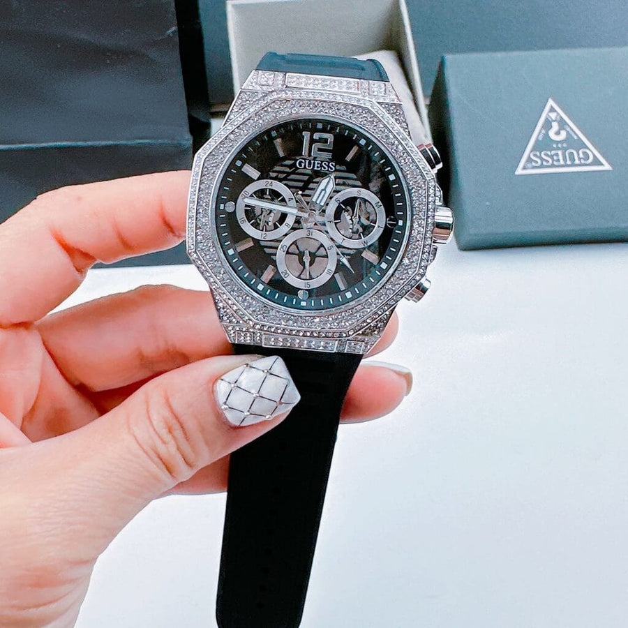Guess Momentum Chronograph Crystals Black Dial Black Silicone Strap Watch For Men - GW0518G1