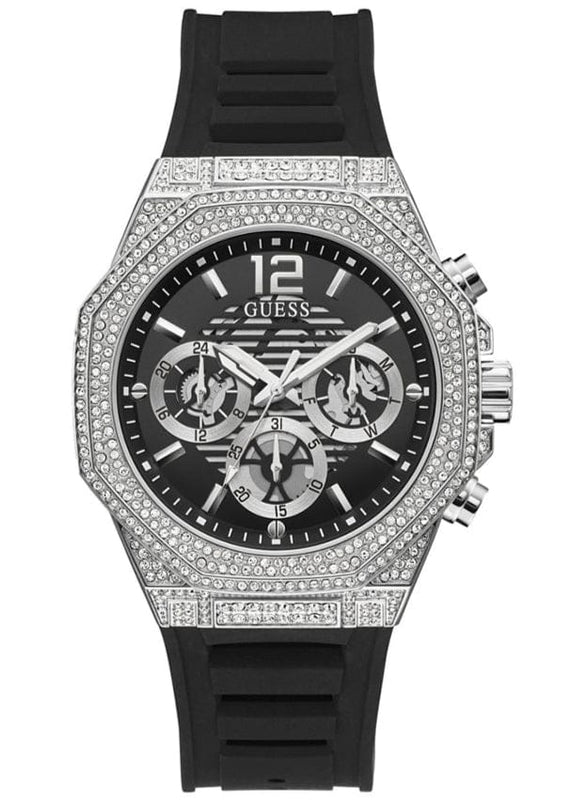Guess Momentum Chronograph Crystals Black Dial Black Silicone Strap Watch For Men - GW0518G1