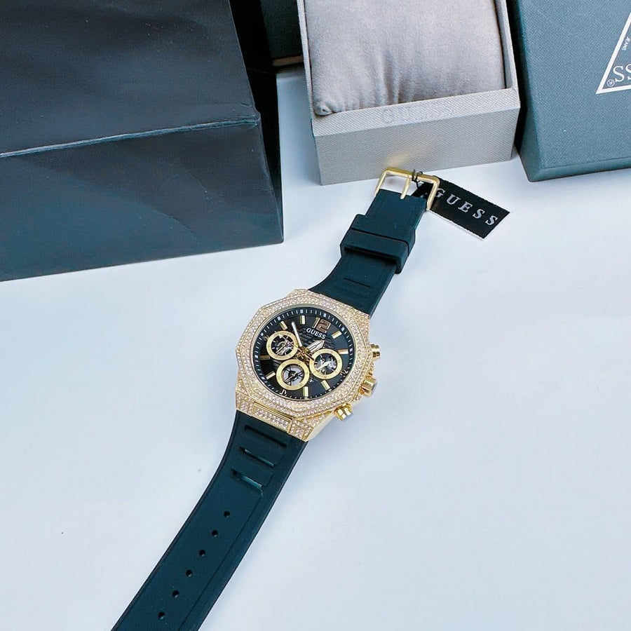 Guess Momentum Chronograph Diamonds Black Dial Black Silicone Strap Watch For Men - GW0518G2