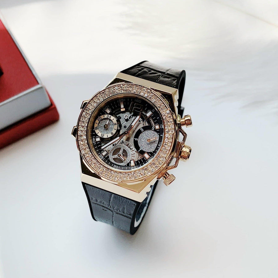 Guess Momentum Chronograph Diamonds Black Dial Black Silicone Strap Watch For Men - GW0518G2