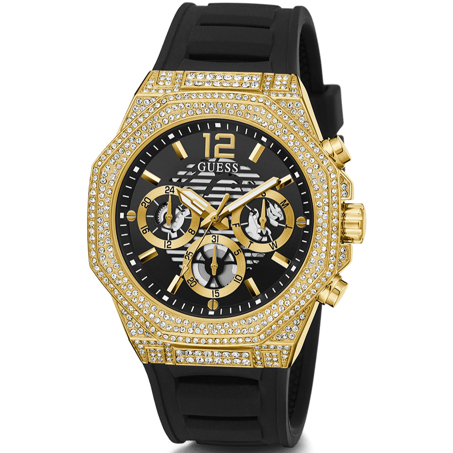 Guess Momentum Chronograph Diamonds Black Dial Black Silicone Strap Watch For Men - GW0518G2