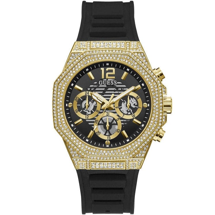 Guess Momentum Chronograph Diamonds Black Dial Black Silicone Strap Watch For Men - GW0518G2
