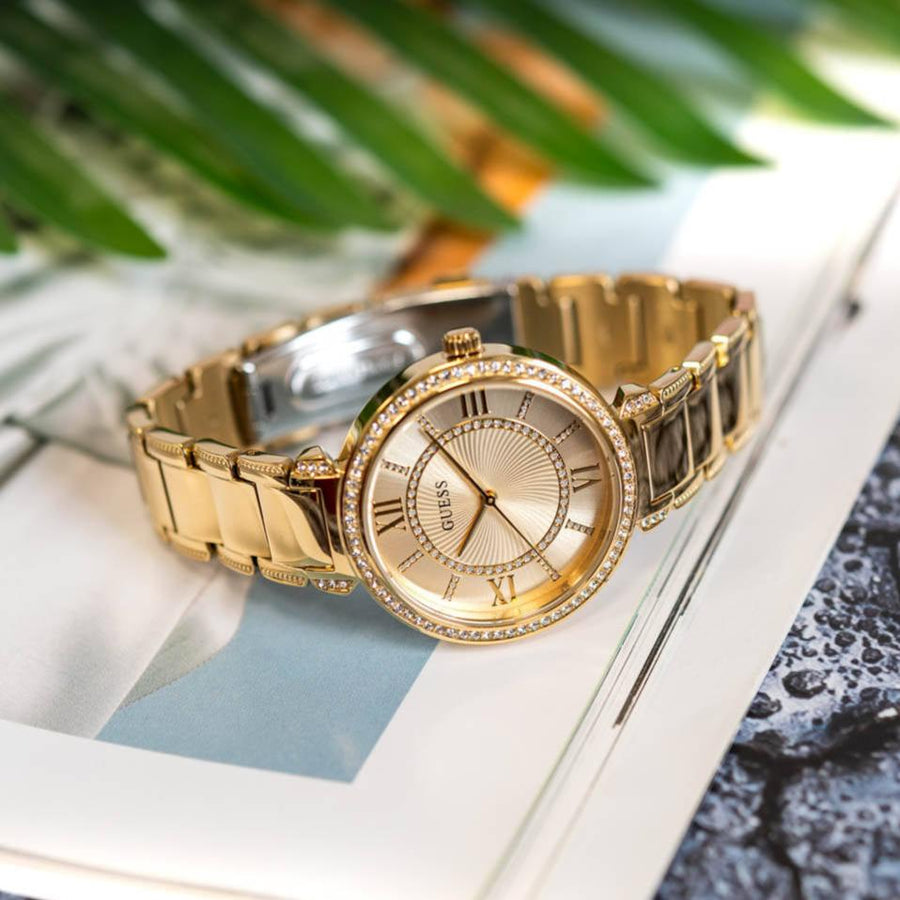 Guess Montage Quartz Gold Dial Gold Steel Strap Watch For Women - GW0588L1