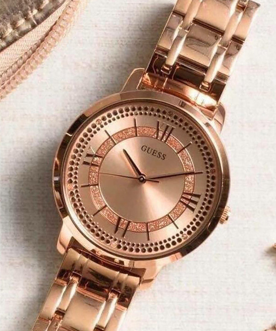 Guess Montauk Rose Gold Dial Rose Gold Steel Strap Watch For Women - W0933L3