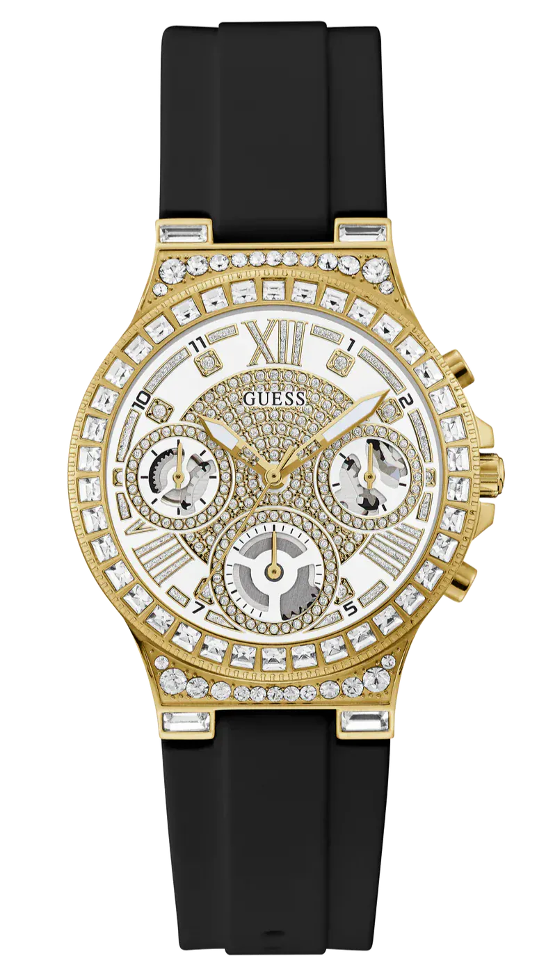 Guess Moonlight Crystals Silver Dial Black Silicone Strap Watch For Women - GW0257L1