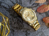 Guess Moonlight Multi Function Diamonds Gold Dial Gold Steel Strap Watch for Women - GW0320L2