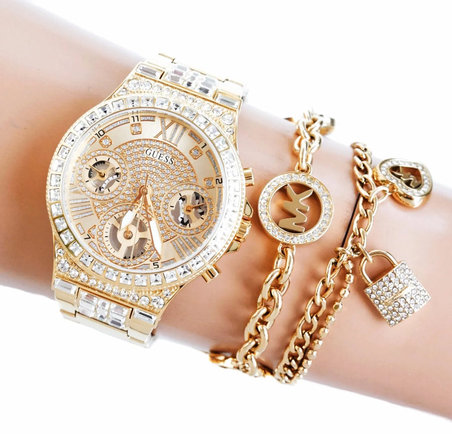 Guess Moonlight Multi Function Diamonds Gold Dial Gold Steel Strap Watch for Women - GW0320L2