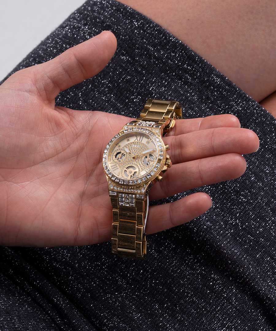 Guess Moonlight Multi Function Diamonds Gold Dial Gold Steel Strap Watch for Women - GW0320L2