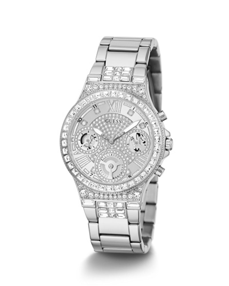 Guess Moonlight Multi Function Diamonds Silver Dial Silver Steel Strap Watch for Women - GW0320L1