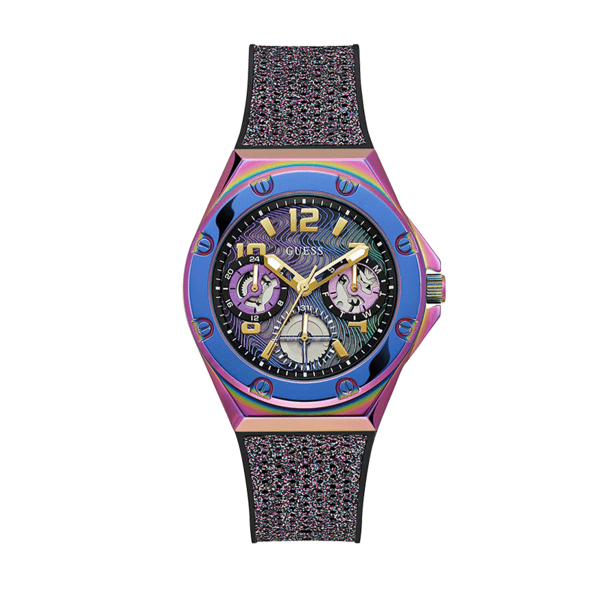 Guess Multifunction Analog Purple Dial Black Rubber Strap Watch For Women - GW0620L4