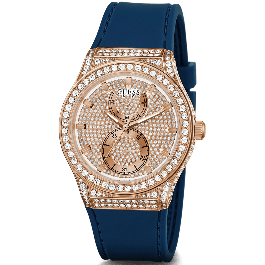 Guess Multifunction Crystals Rose Gold Dial Blue Rubber Strap Watch For Women - GW0439L4
