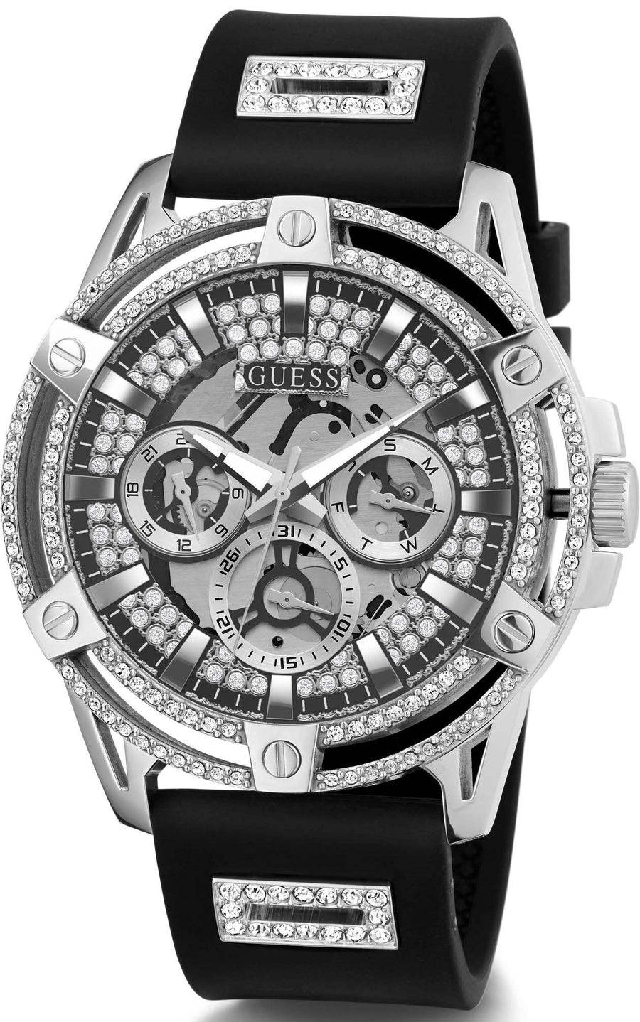 Guess King Quartz Crystals Silver Dial Black Silicone Strap Watch For Men - GW0537G1