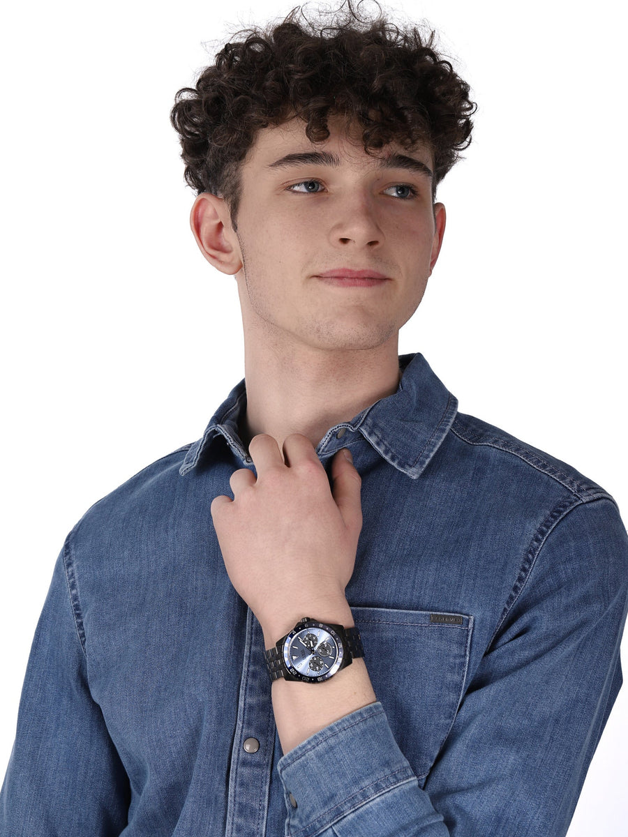 Guess Odyssey Quartz Blue Dial Gunmetal Steel Strap Watch For Men - W1107G5