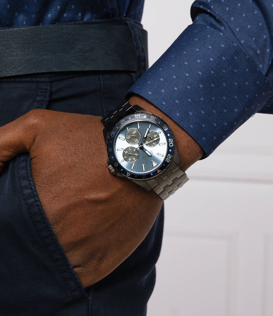 Guess Odyssey Quartz Blue Dial Gunmetal Steel Strap Watch For Men - W1107G5