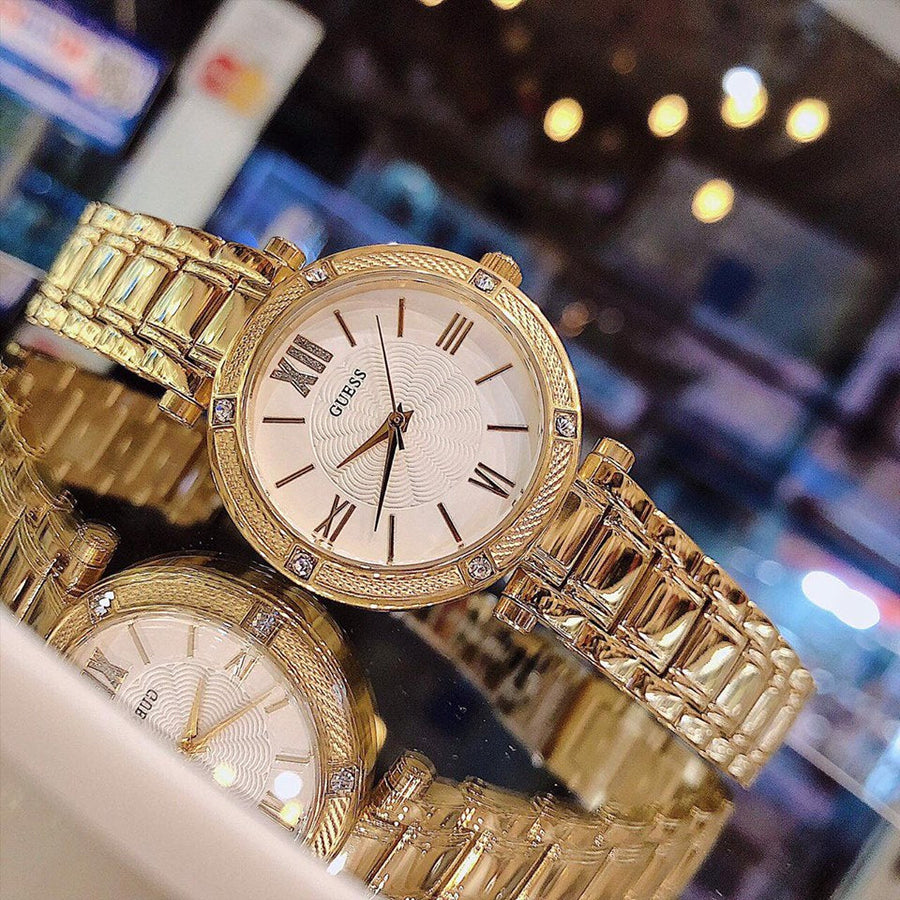 Guess Park Ave South Analog White Dial Gold Steel Strap Watch For Women - W0767L2