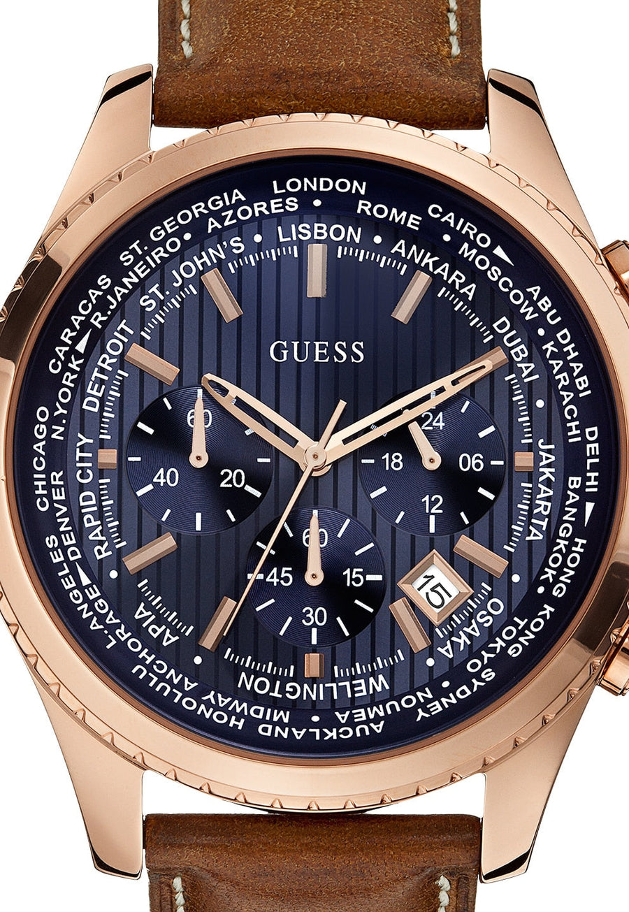 Guess Persuit Chronograph Blue Dial Brown Leather Strap Watch for Men - W0500G1