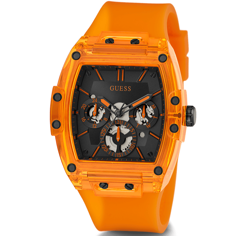 Guess Phoenix Multifunction Black Dial Orange Rubber Strap Watch For Men - GW0203G10