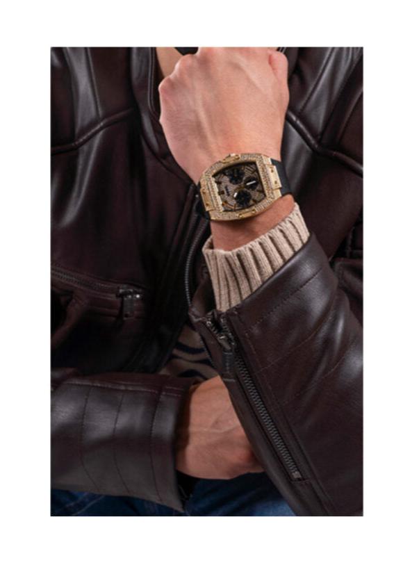 Guess Phoenix Multifunction Crystals Gold Dial Black Silicone Strap Watch For Men - GW0048G2