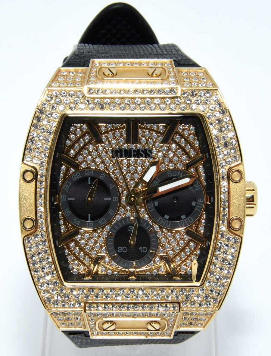 Guess Phoenix Multifunction Crystals Gold Dial Black Silicone Strap Watch For Men - GW0048G2