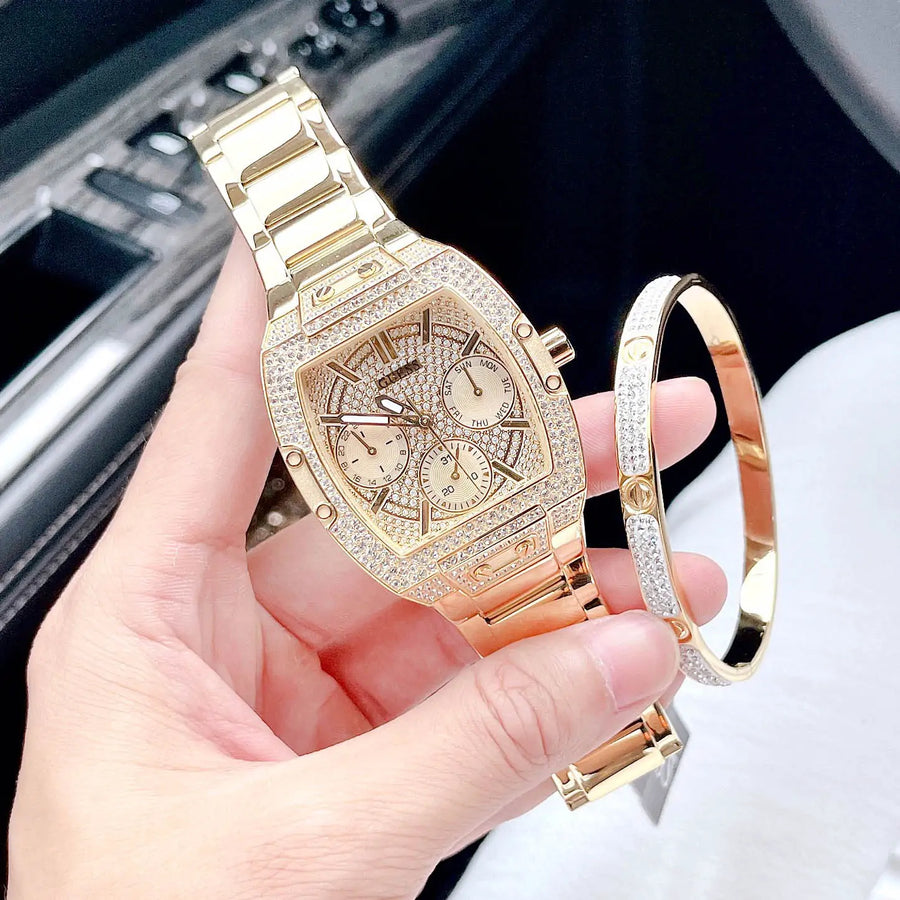 Guess Phoenix Multifunction Crystals Gold Dial Gold Steel Strap Watch For Men - GW0094G2