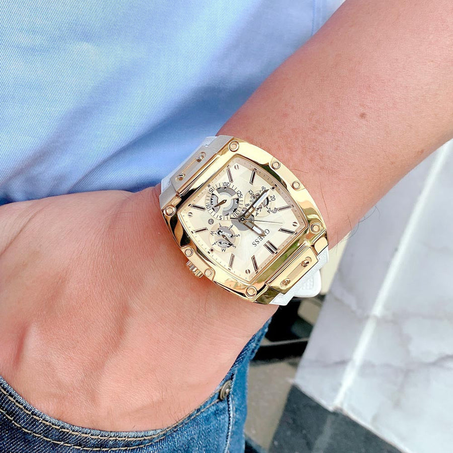 Guess Phoenix Multifunction Gold Dial White Leather Strap Watch for Men - GW0202G6