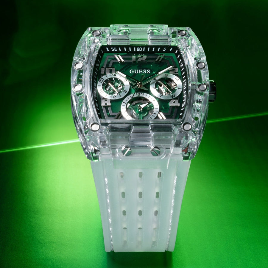 Guess Phoenix Quartz Green Dial Transparent Silicone Strap Watch For Men - GW0499G8