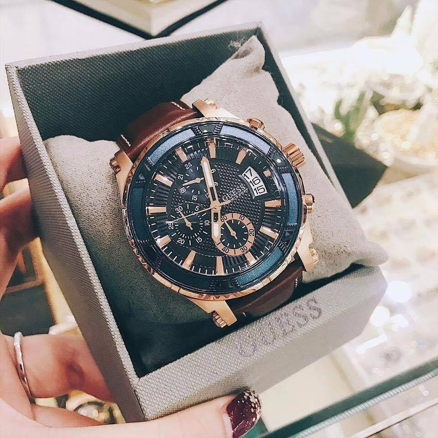 Guess Pinnacle Chronograph Quartz Blue Dial Brown Leather Strap Watch For Women - W0673G3