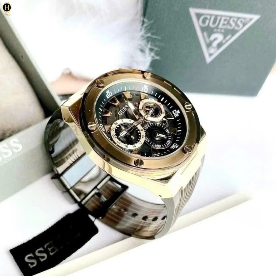 Guess Poseidon Chronograph Black Dial Black Silicone Strap Watch For Men - GW0425G1