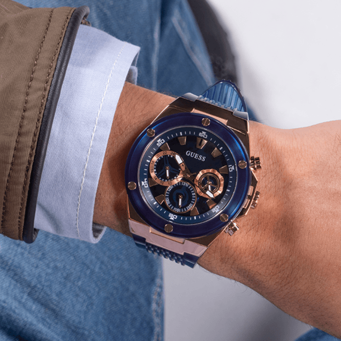 Guess Poseidon Chronograph Blue Dial Blue Silicone Strap Watch For Men - GW0425G3