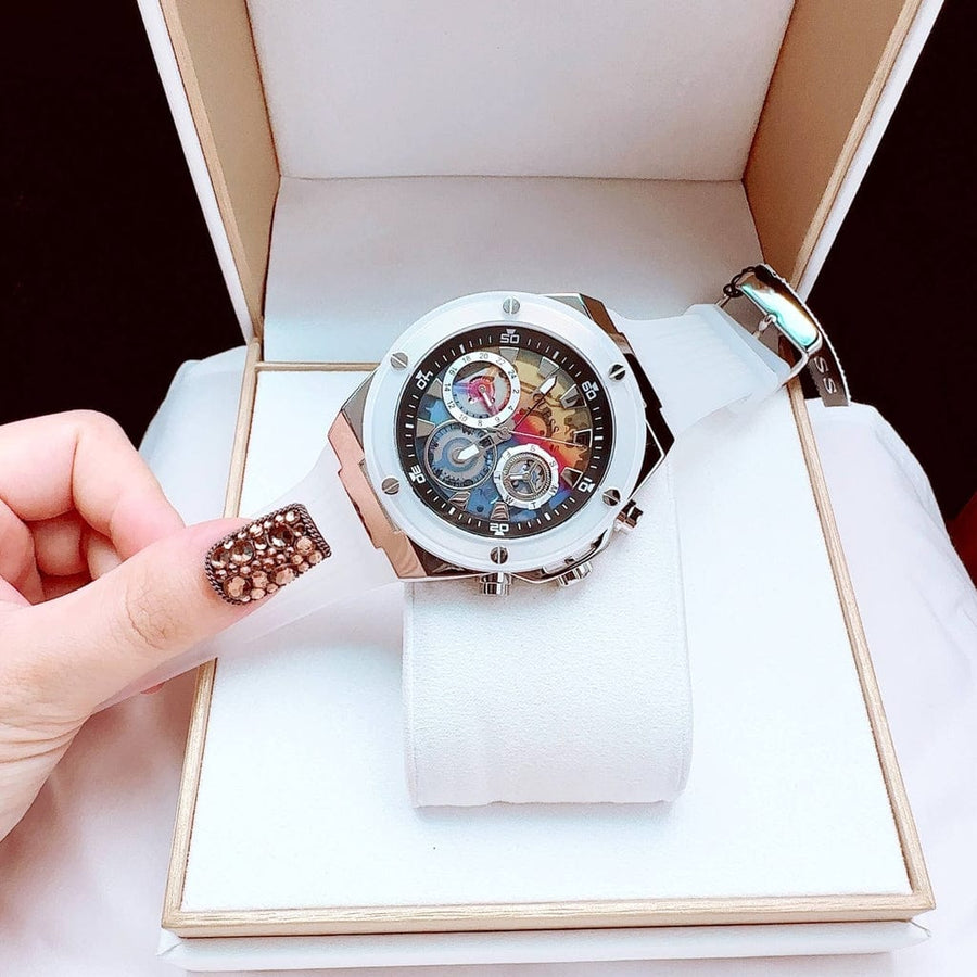 Guess Poseidon Chronograph Rainbow Dial White Silicone Strap Watch For Men - GW0425G4