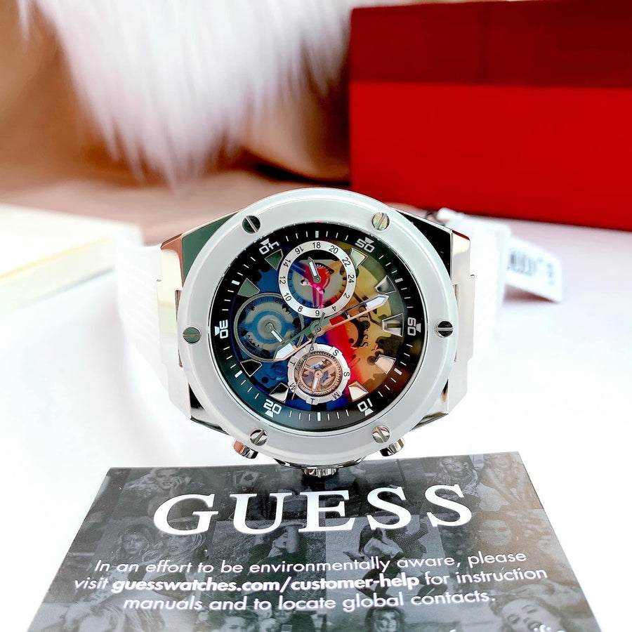 Guess Poseidon Chronograph Rainbow Dial White Silicone Strap Watch For Men - GW0425G4