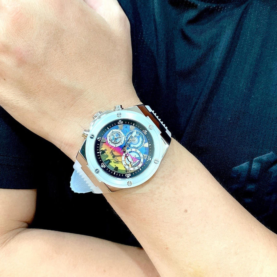 Guess Poseidon Chronograph Rainbow Dial White Silicone Strap Watch For Men - GW0425G4