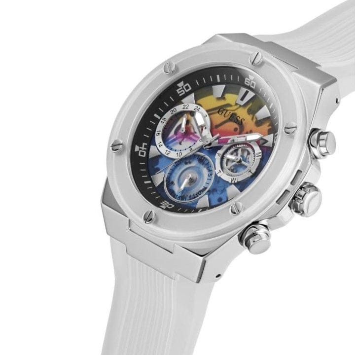 Guess Poseidon Chronograph Rainbow Dial White Silicone Strap Watch For Men - GW0425G4