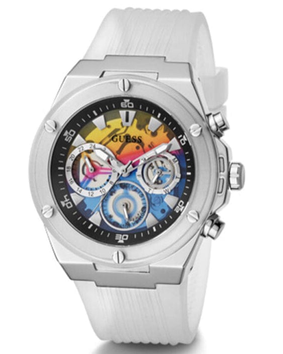 Guess Poseidon Chronograph Rainbow Dial White Silicone Strap Watch For Men - GW0425G4