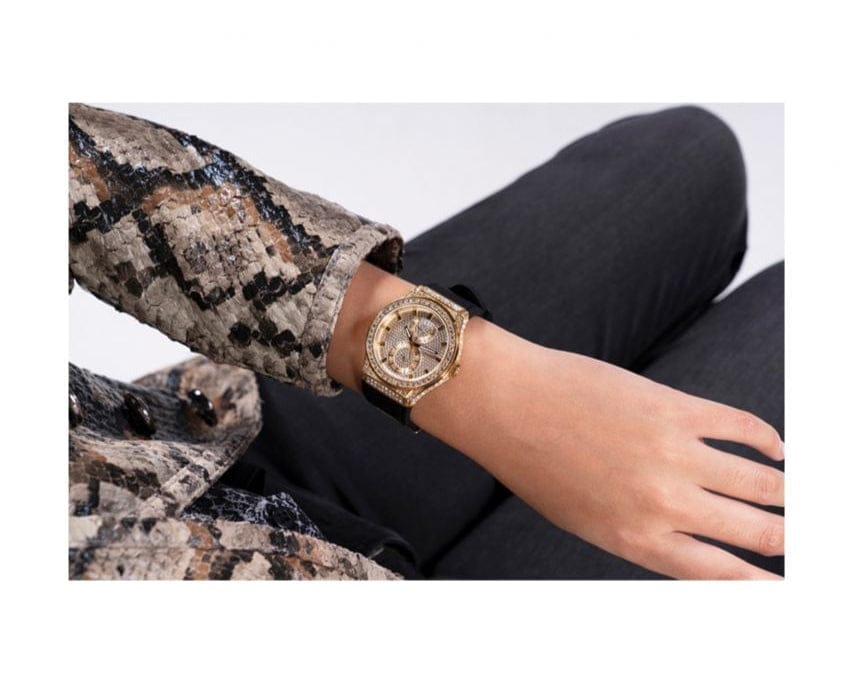 Guess Princess Crystals Gold Dial Black Silicone Strap Watch For Women - GW0439L2