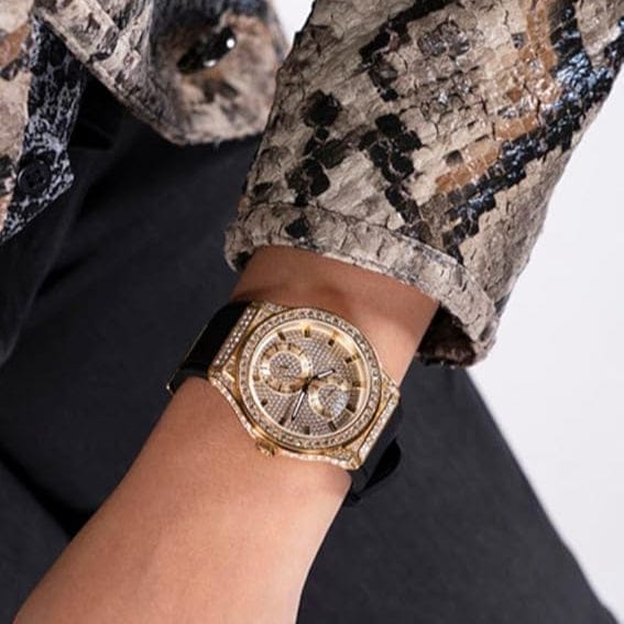 Guess Princess Crystals Gold Dial Black Silicone Strap Watch For Women - GW0439L2