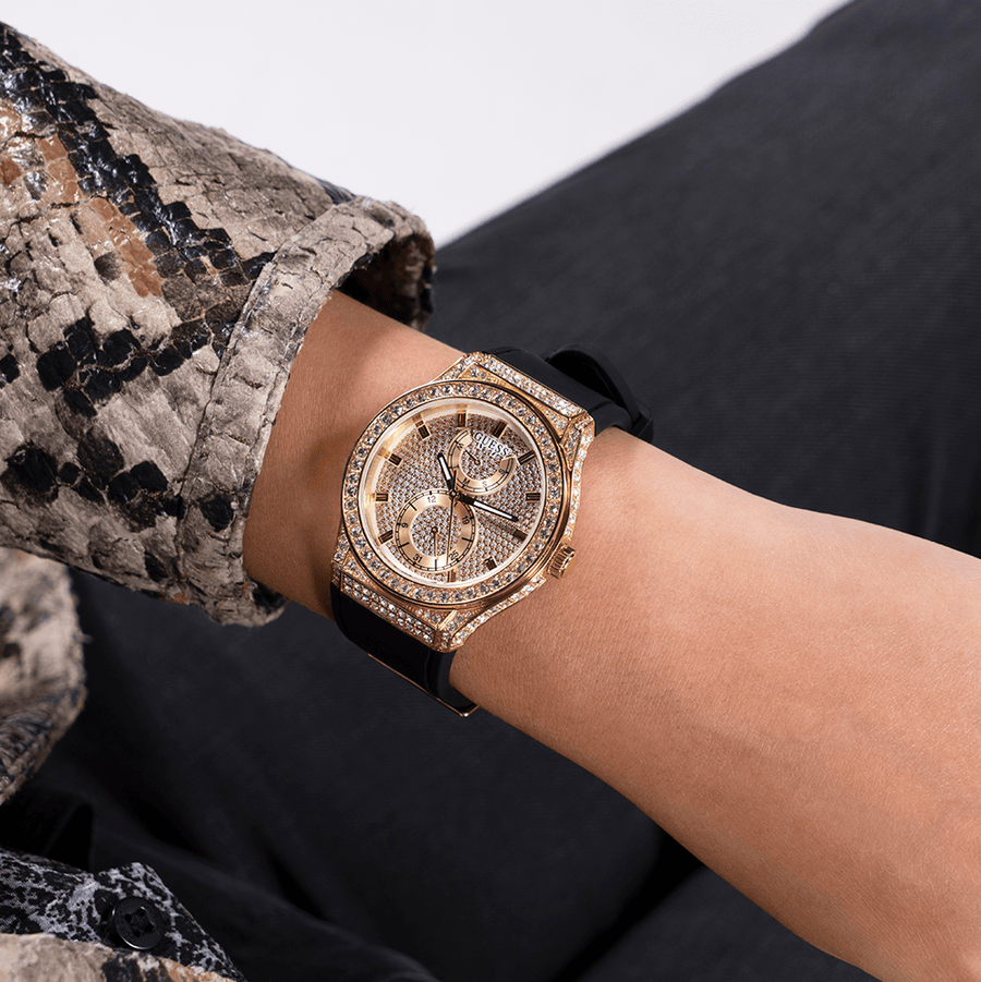 Guess Princess Crystals Gold Dial Black Silicone Strap Watch For Women - GW0439L2