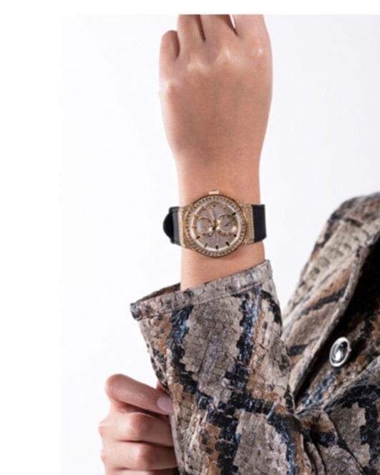 Guess Princess Crystals Gold Dial Black Silicone Strap Watch For Women - GW0439L2