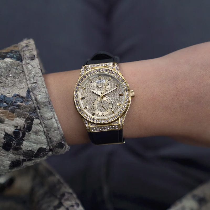 Guess Princess Crystals Gold Dial Black Silicone Strap Watch For Women - GW0439L2