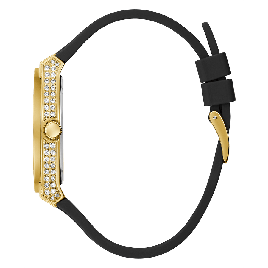 Guess Princess Crystals Gold Dial Black Silicone Strap Watch For Women - GW0439L2