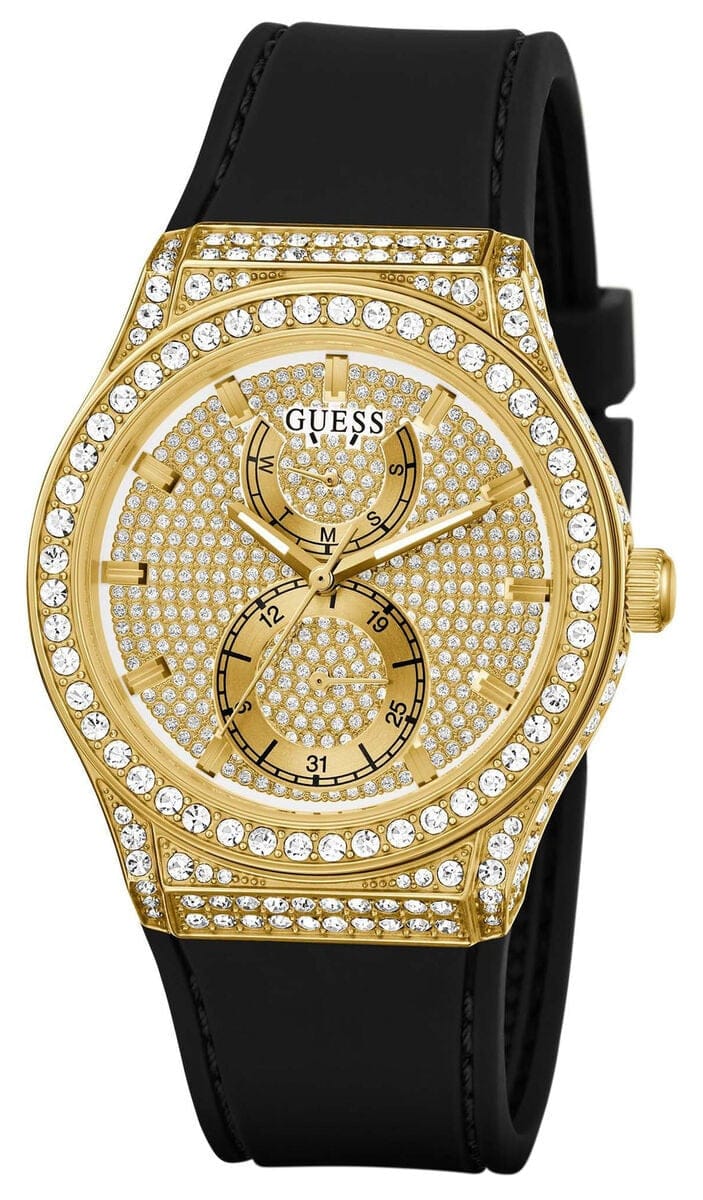 Guess Princess Crystals Gold Dial Black Silicone Strap Watch For Women - GW0439L2