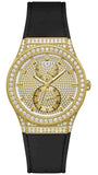 Guess Princess Crystals Gold Dial Black Silicone Strap Watch For Women - GW0439L2