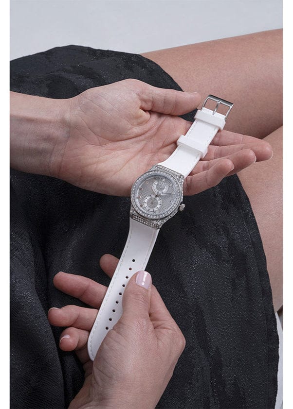Guess Princess Crystals Silver Dial White Silicone Strap Watch For Women - GW0439L1