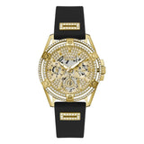 Guess Queen Quartz Gold Dial Black Silicone Strap Watch For Women - GW0536L3