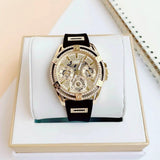 Guess Queen Quartz Gold Dial Black Silicone Strap Watch For Women - GW0536L3